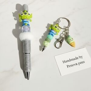 New Sparkly Toystory Alien  Rhinestone Beased Pen and Keychain Set Silver